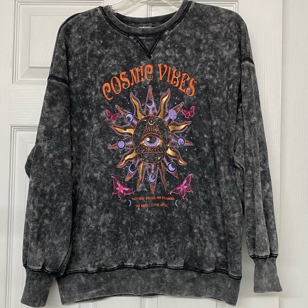Cosmic Vibes Black Acid Wash Oversized Graphic Sweatshirt Sz M